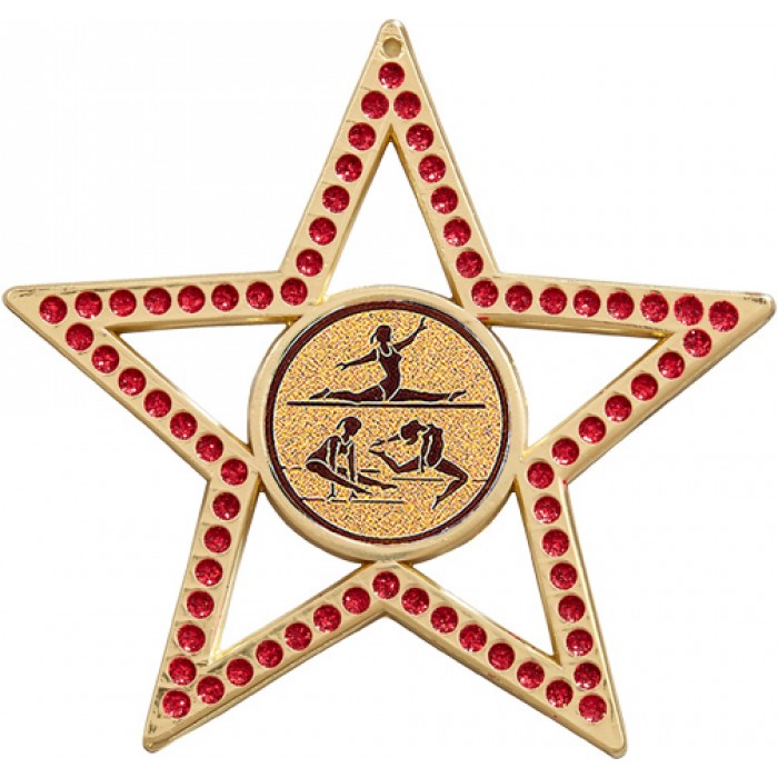RED STAR FEMALE GYMNASTICS MEDAL - 75MM - GOLD, SILVER OR BRONZE